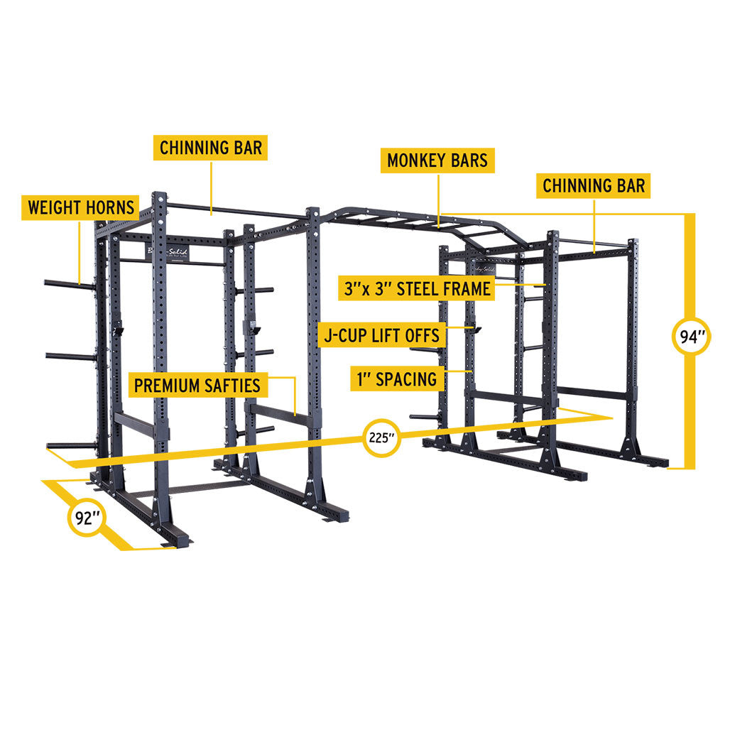 Body-Solid SPR1000 double power rack with rear extensions dimensions