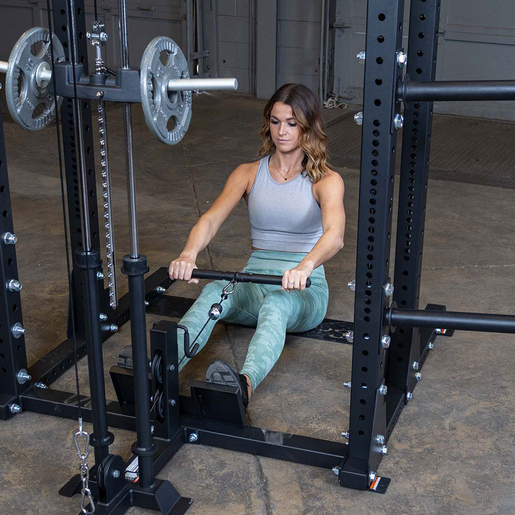 Body-Solid Pro ClubLine Half Rack Lat Attachment - in use, seated exercise