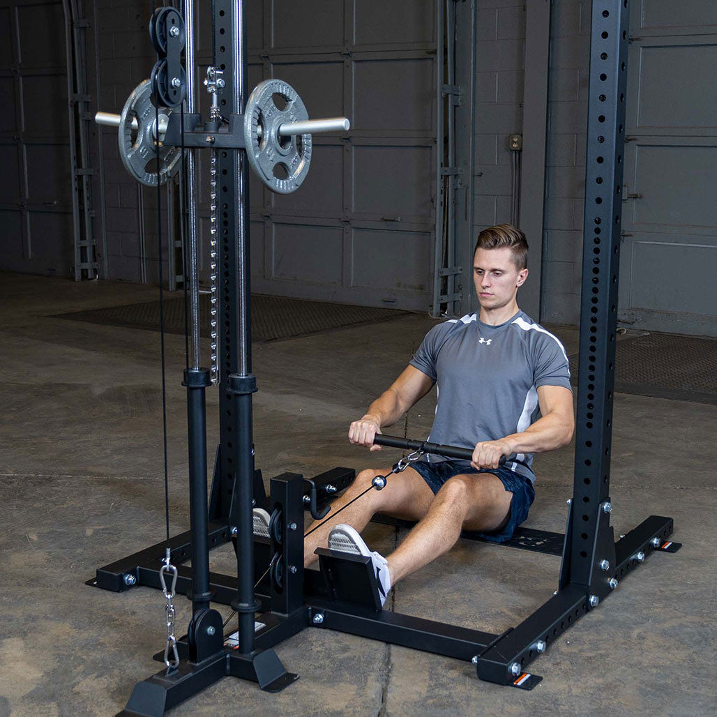 Body-Solid Pro ClubLine Half Rack Lat Attachment - in use, seated row