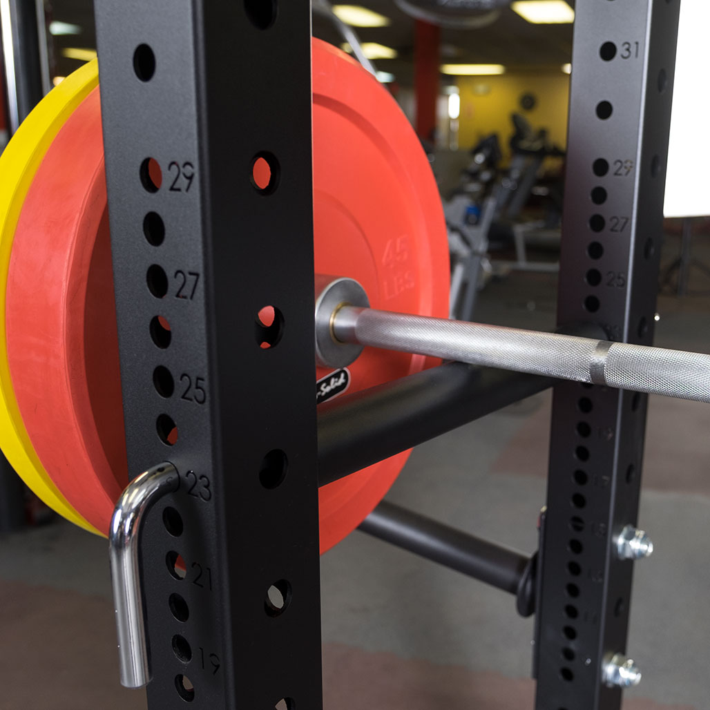 Pro ClubLine Pin Pipe Safeties - installed on rack with barbell