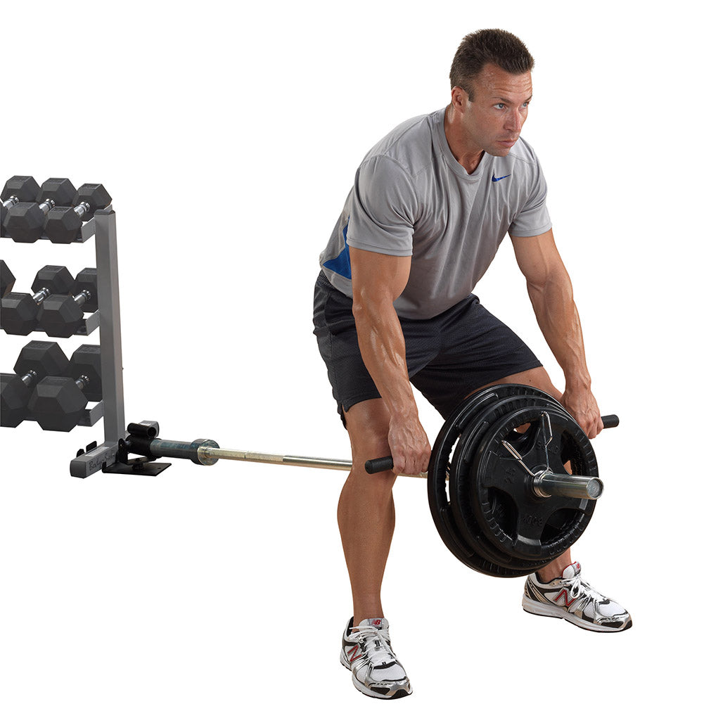 Body-Solid T Bar Row Platform - in use with lat bar