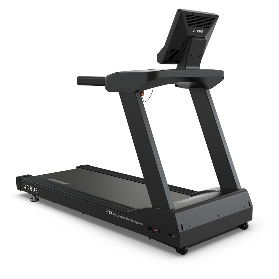 True Fitness Launch treadmill, front three-quarter view
