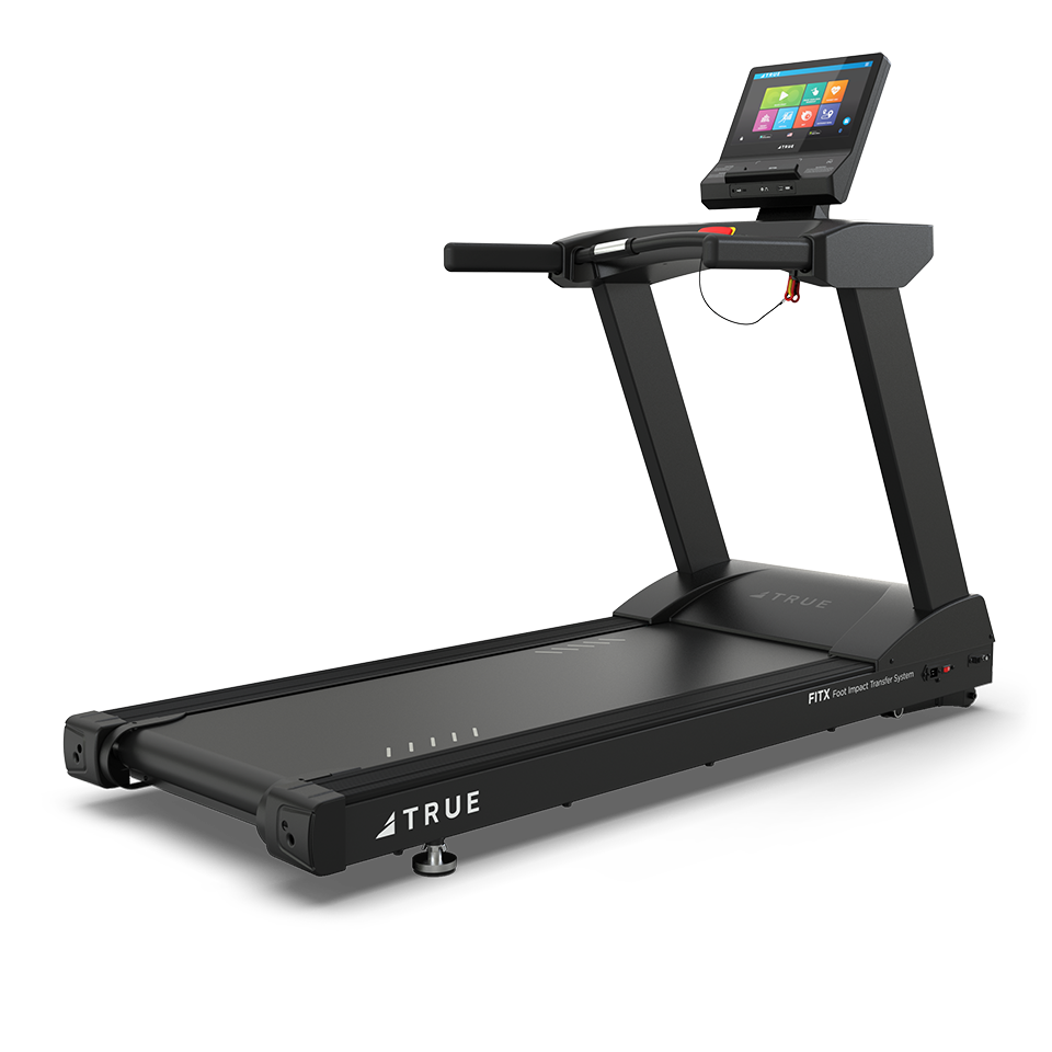 True Fitness Launch treadmill, rear three-quarter view with 16" Unite console