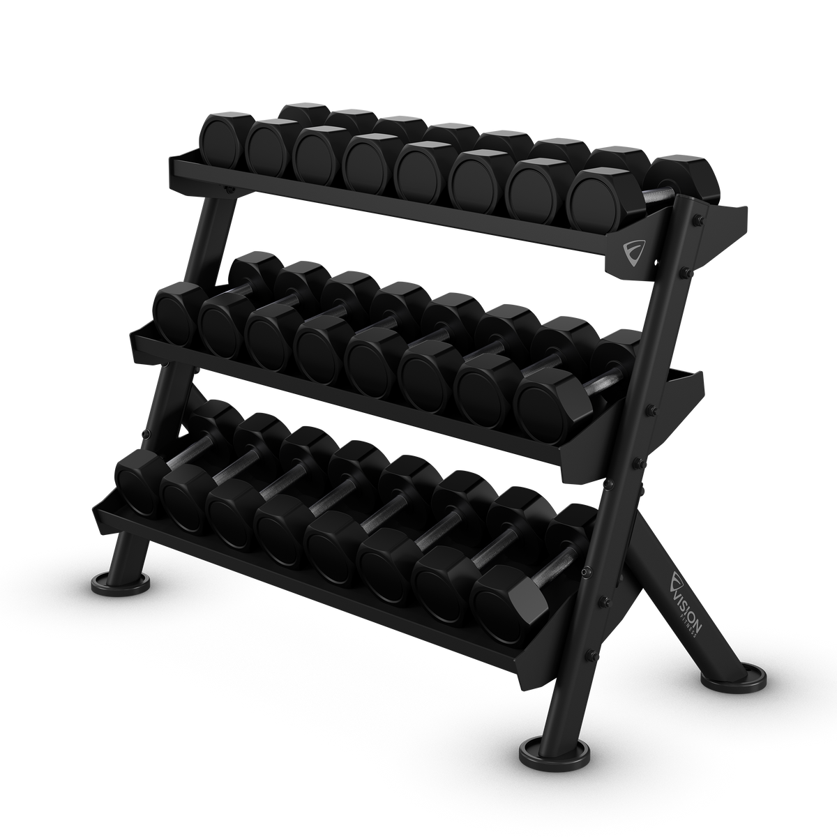 Vision Fitness 400-ADBR Adjustable Dumbbell Rack, 48 inch loaded with dumbbells