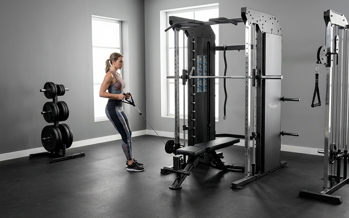 Woman training on the Vision Fitness 400-MTS Multi-Trainer Smith