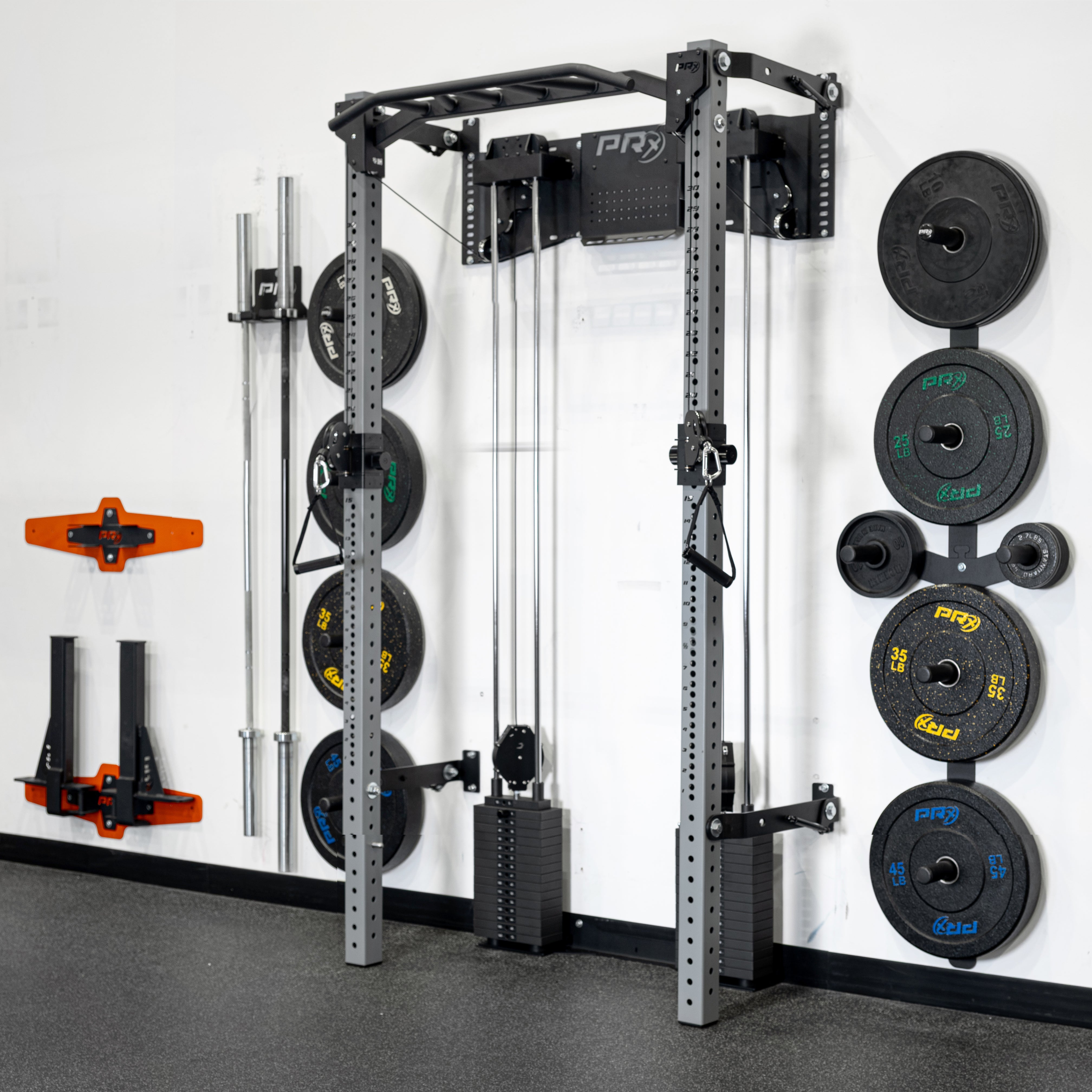Side profile of the PRx ARK weight stack functional trainer showing folded depth