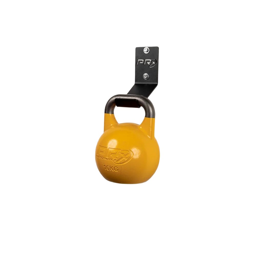 PRx Kettlebell Storage mounted in a home garage gym