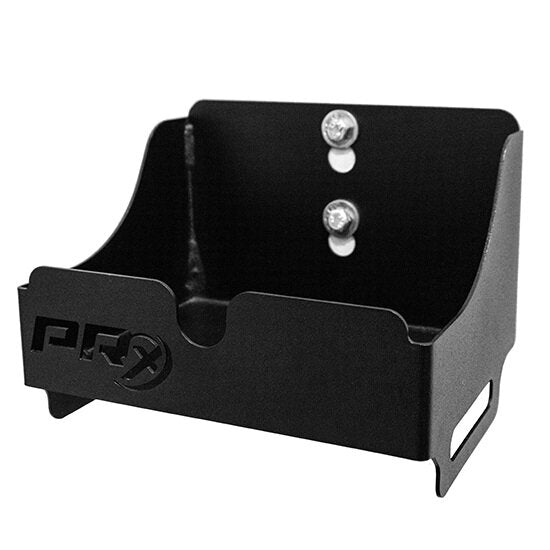 PRx Junk Drawer in black powder-coated steel mounted on a gym wall