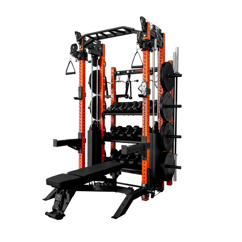 PRx Trident Rig loaded with plates and barbells in a home gym