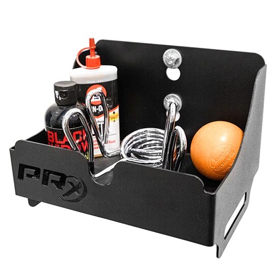 PRx Large Junk Drawer in black powder-coated steel mounted on a gym wall