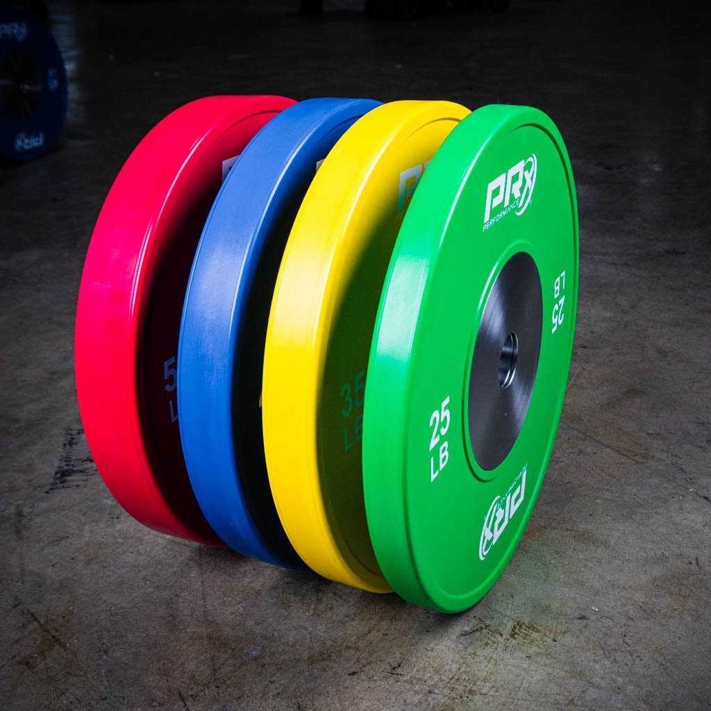 PRx Elite Competition Bumper Plates in color-coded competition sizes