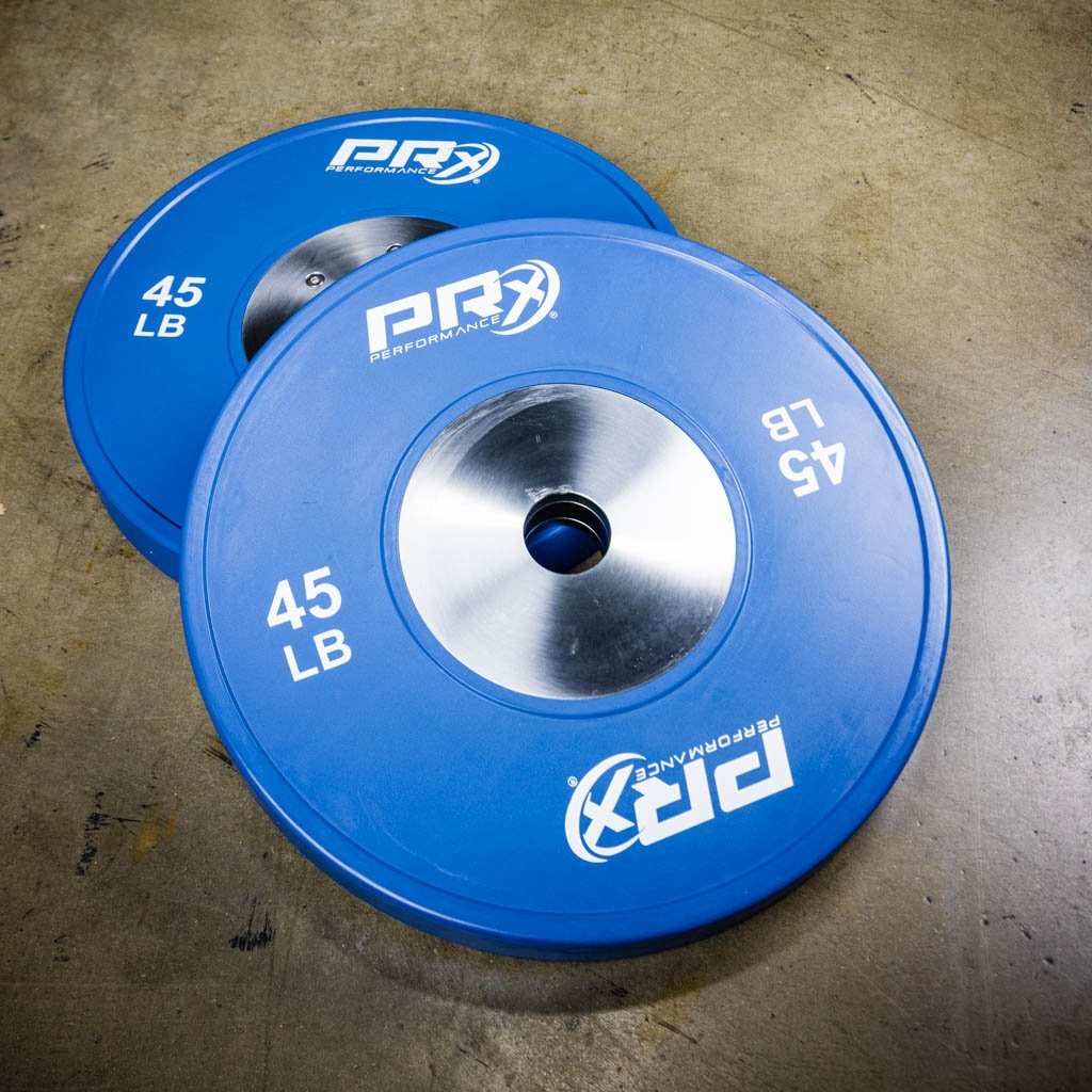 PRx Elite Competition Bumper Plates loaded on an Olympic barbell