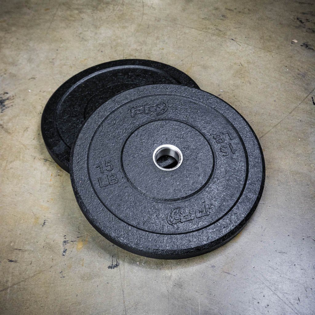 PRx Crumb Rubber Bumper Plates loaded on an Olympic barbell