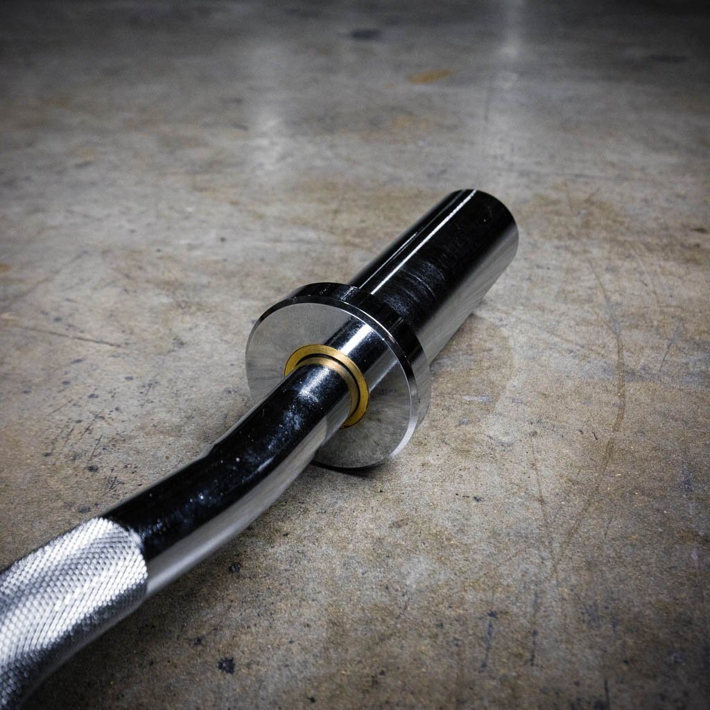 PRx Olympic E-Z Curl Barbell chrome sleeve detail