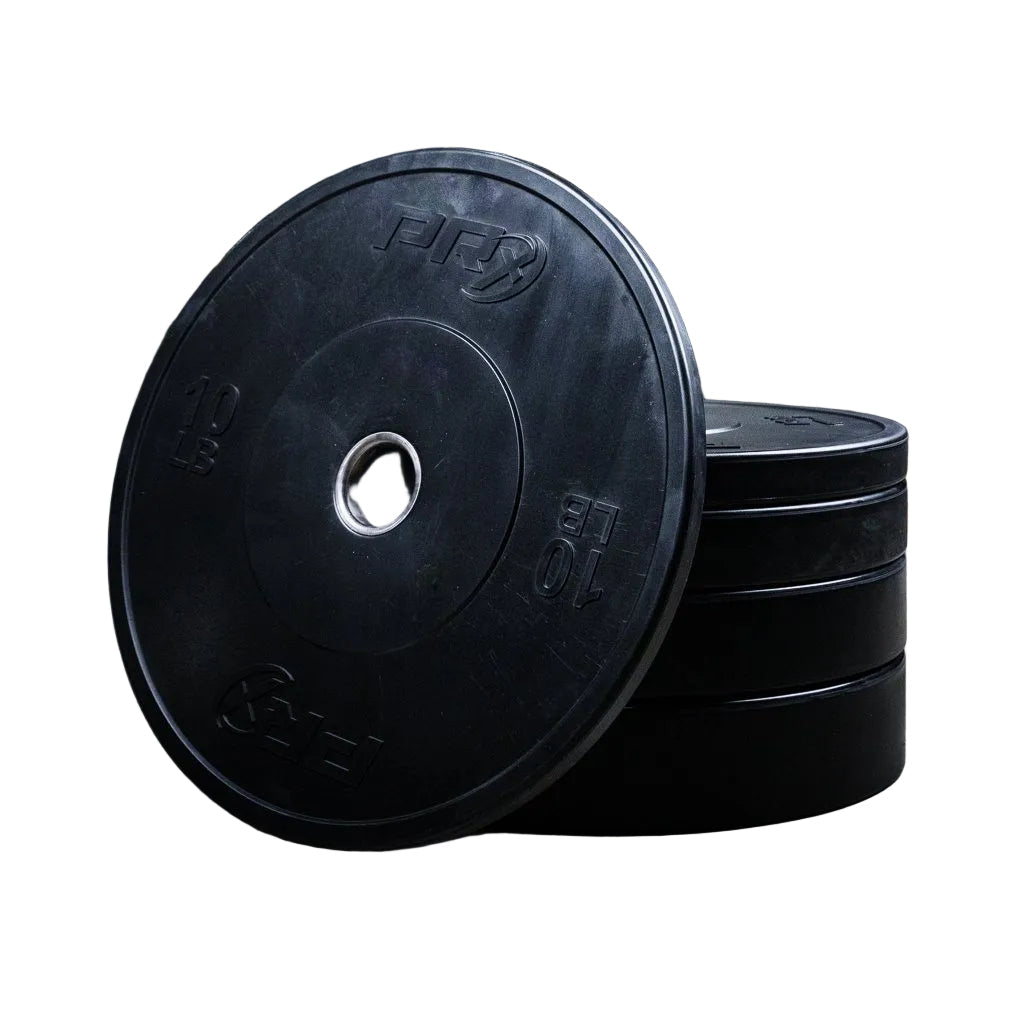 PRx Prime Bumper Plates in solid black rubber with embossed PRx logo