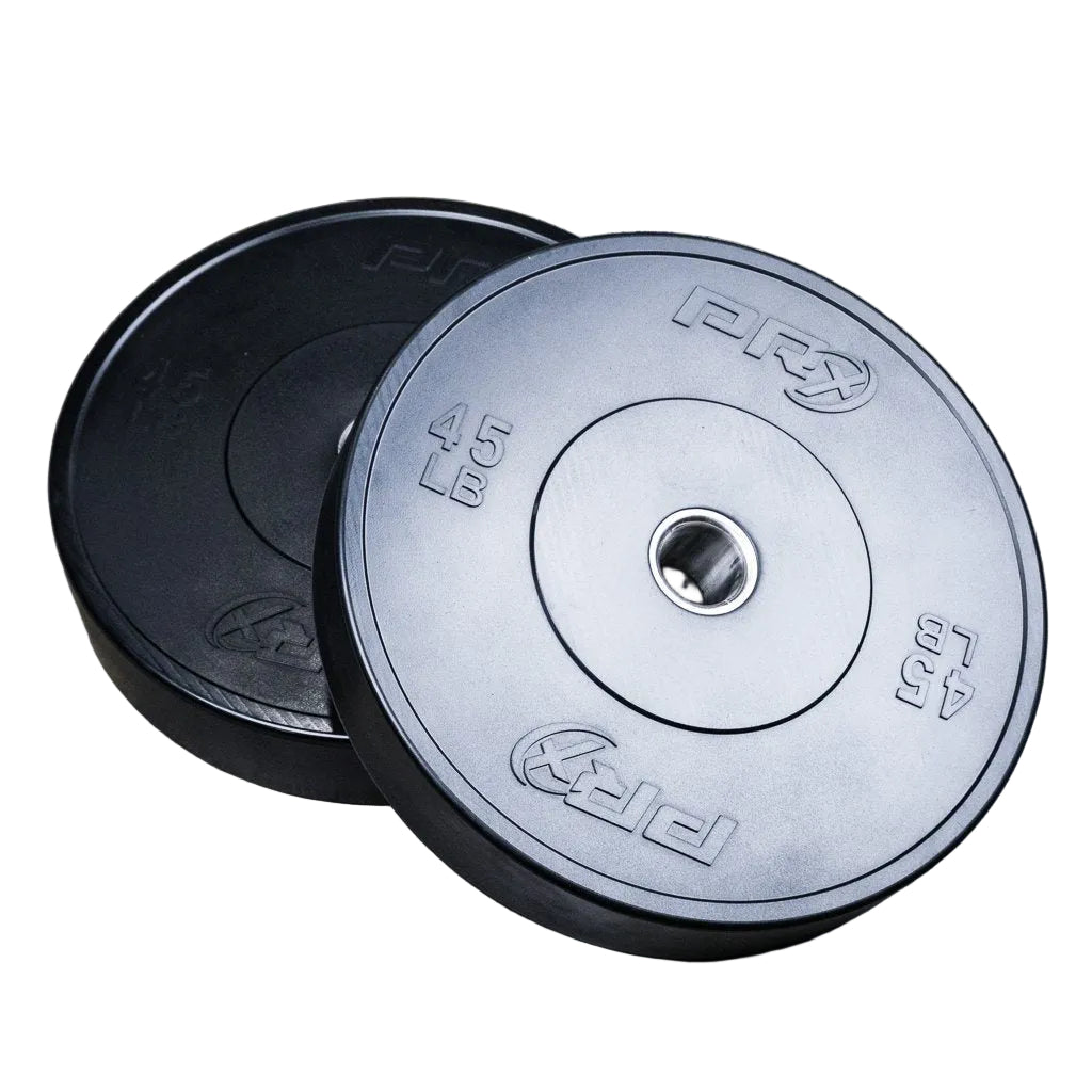 PRx Prime Bumper Plates loaded on an Olympic barbell