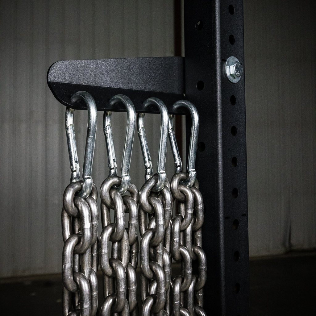 Black powder coated Build Limitless chain and band storage bar with four holes