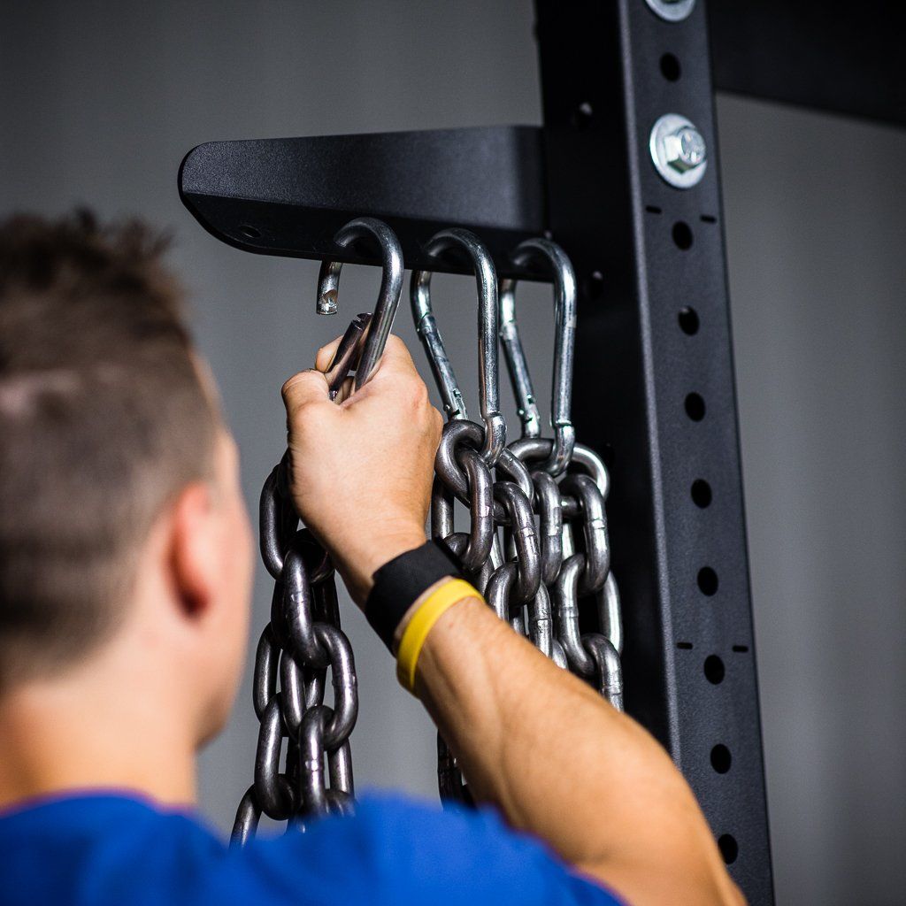 Chain and band storage bolted to a Build Limitless rack upright