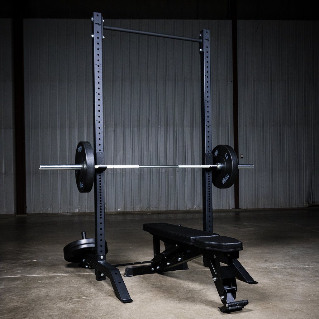 Multiple weight storage pegs organizing plates by size on a Build Limitless rack