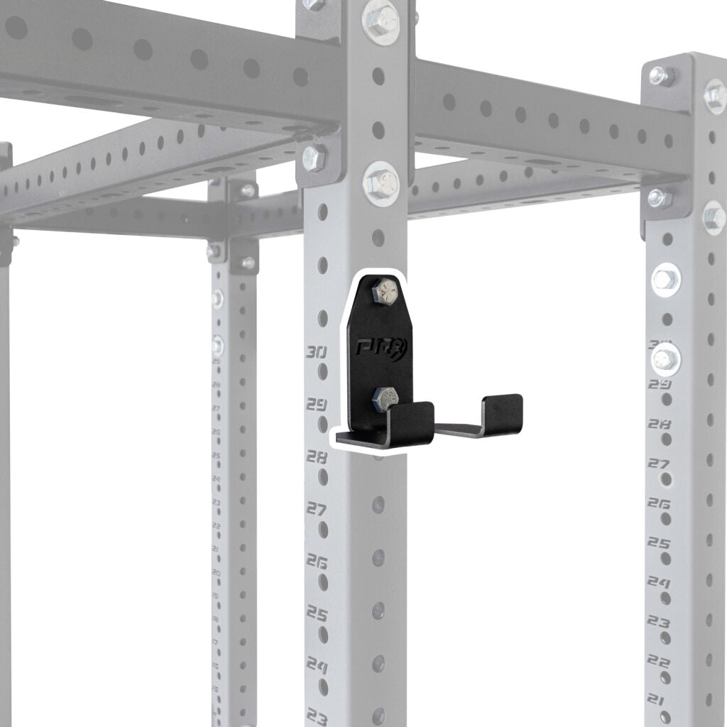 PRx Build Limitless Dip Station Storage bracket holding a dip station on a rack upright
