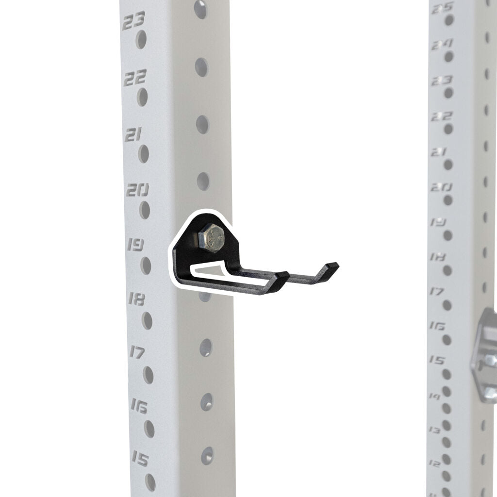 PRx Build Limitless Storage Hook mounted to a rack upright holding mobility bands