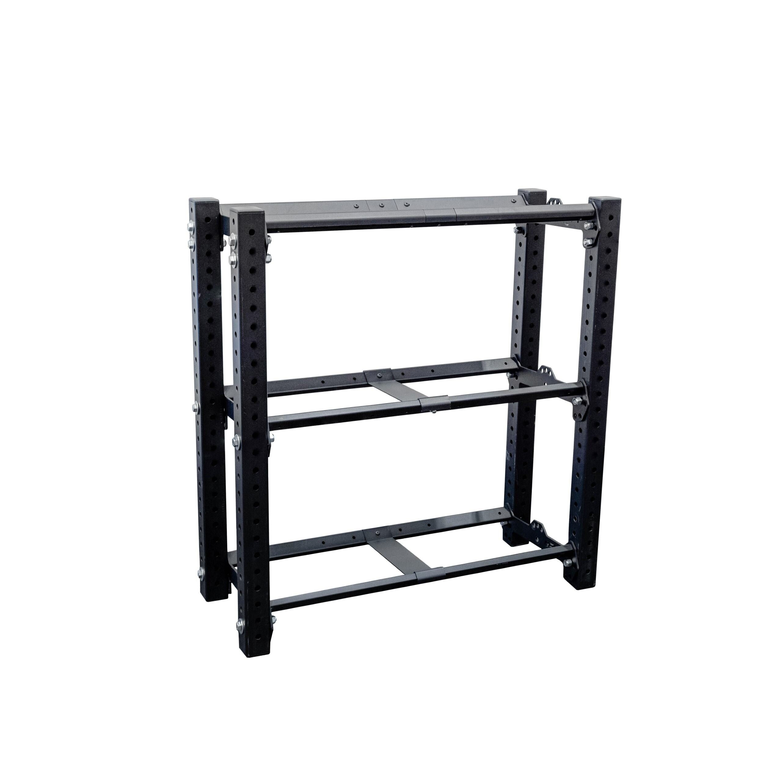 PRx Build Limitless Freestanding Storage tower loaded with weight plates and dumbbells