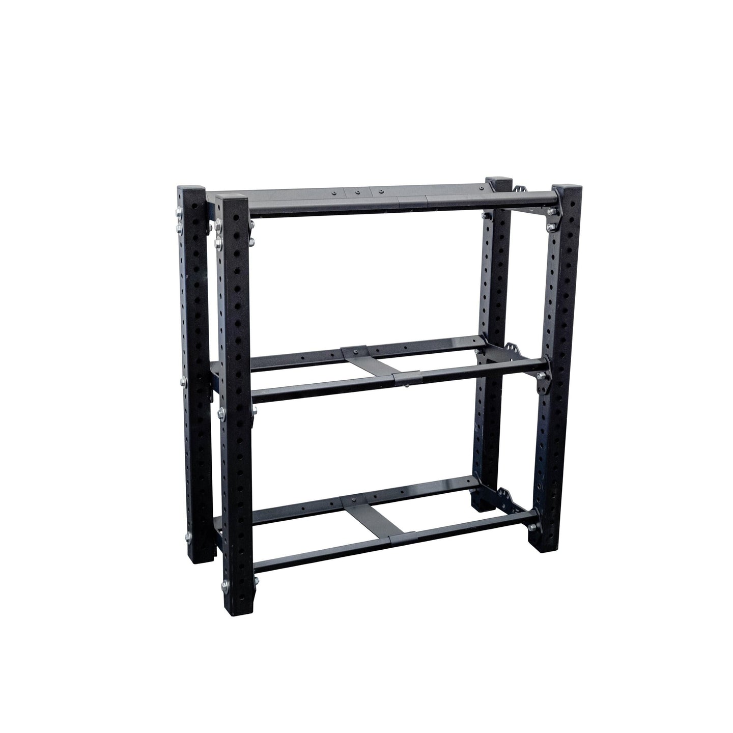PRx Build Limitless Freestanding Storage tower loaded with weight plates and dumbbells