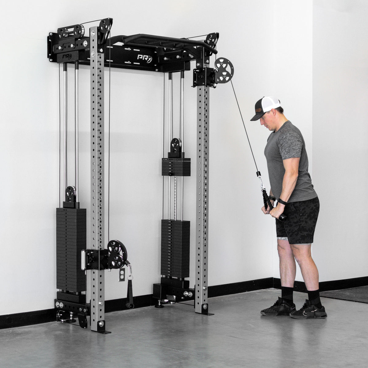 Cable trolley with knurled handle on the wall mounted rack upright