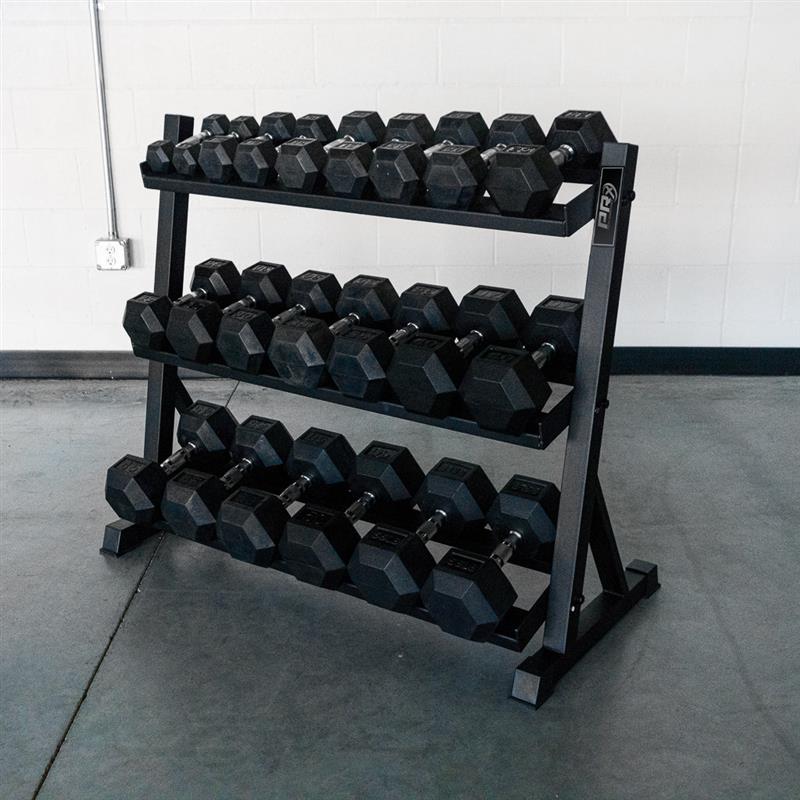 Three tier PRx dumbbell rack shown from the front