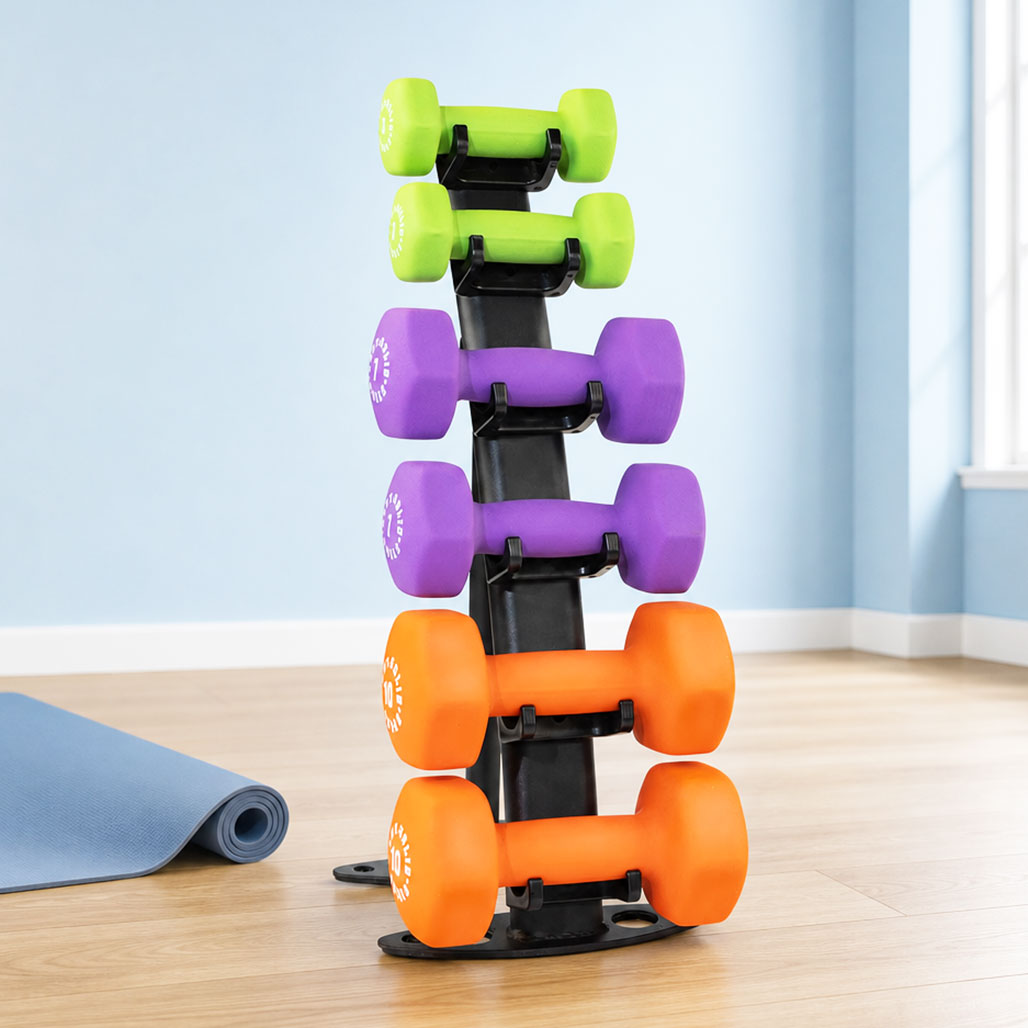 Body-Solid Small Vinyl Dumbbell Rack - shown with dumbbells
