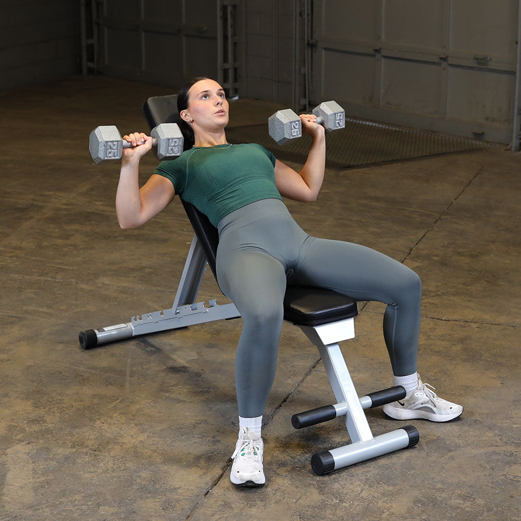 Powerline Folding Weight Bench, 7 Positions, No Assembly Required - in use, incline press