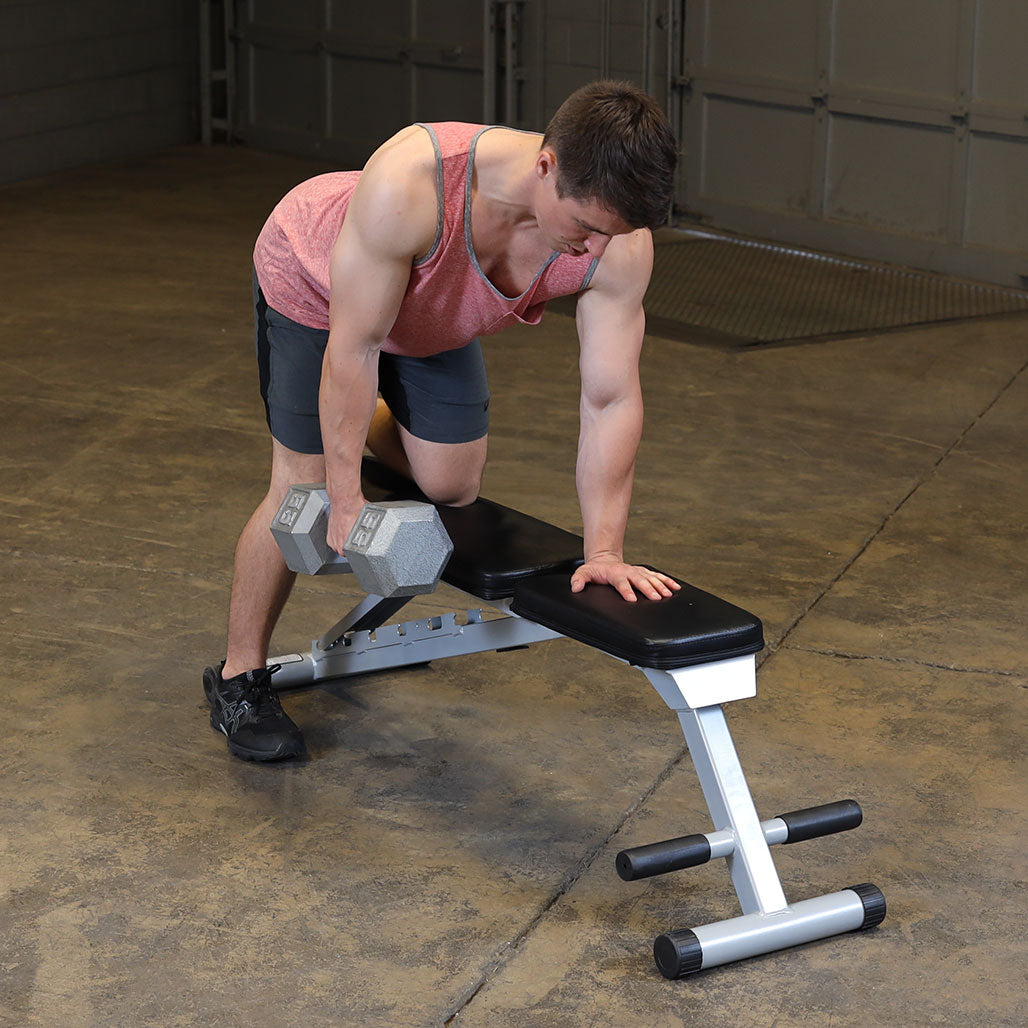 Powerline Folding Weight Bench, 7 Positions, No Assembly Required - in use, dumbbell row