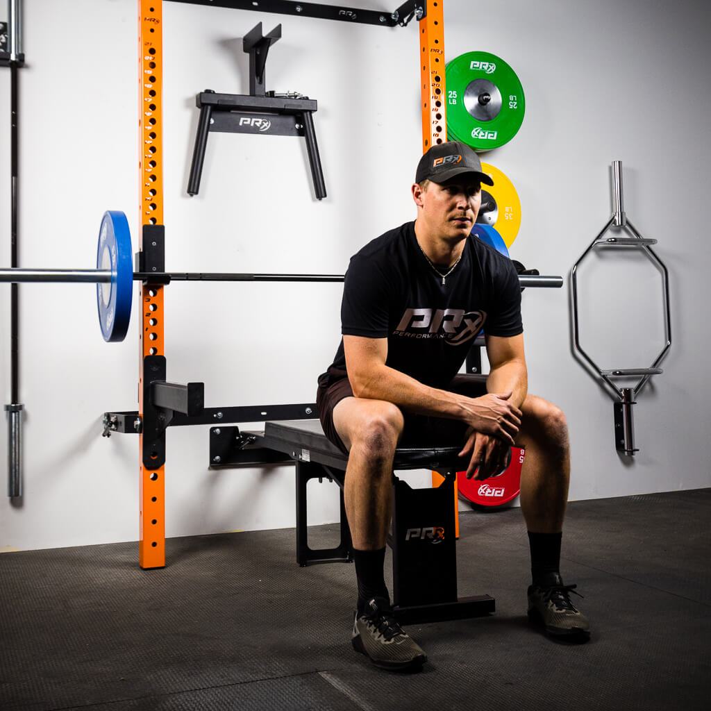 PRx Profile Flat Folding Bench pad and pivot close-up