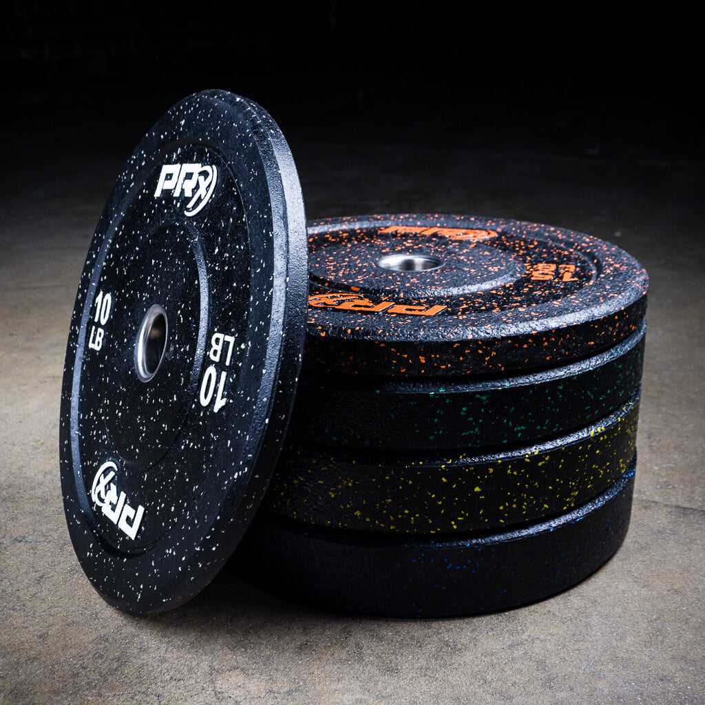 PRx Color Fleck Bumper Plates showing black rubber with colored fleck