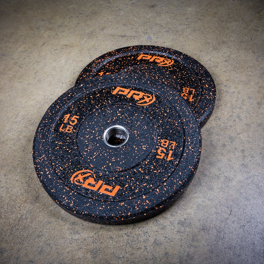 PRx Color Fleck Bumper Plates in multiple weights side by side