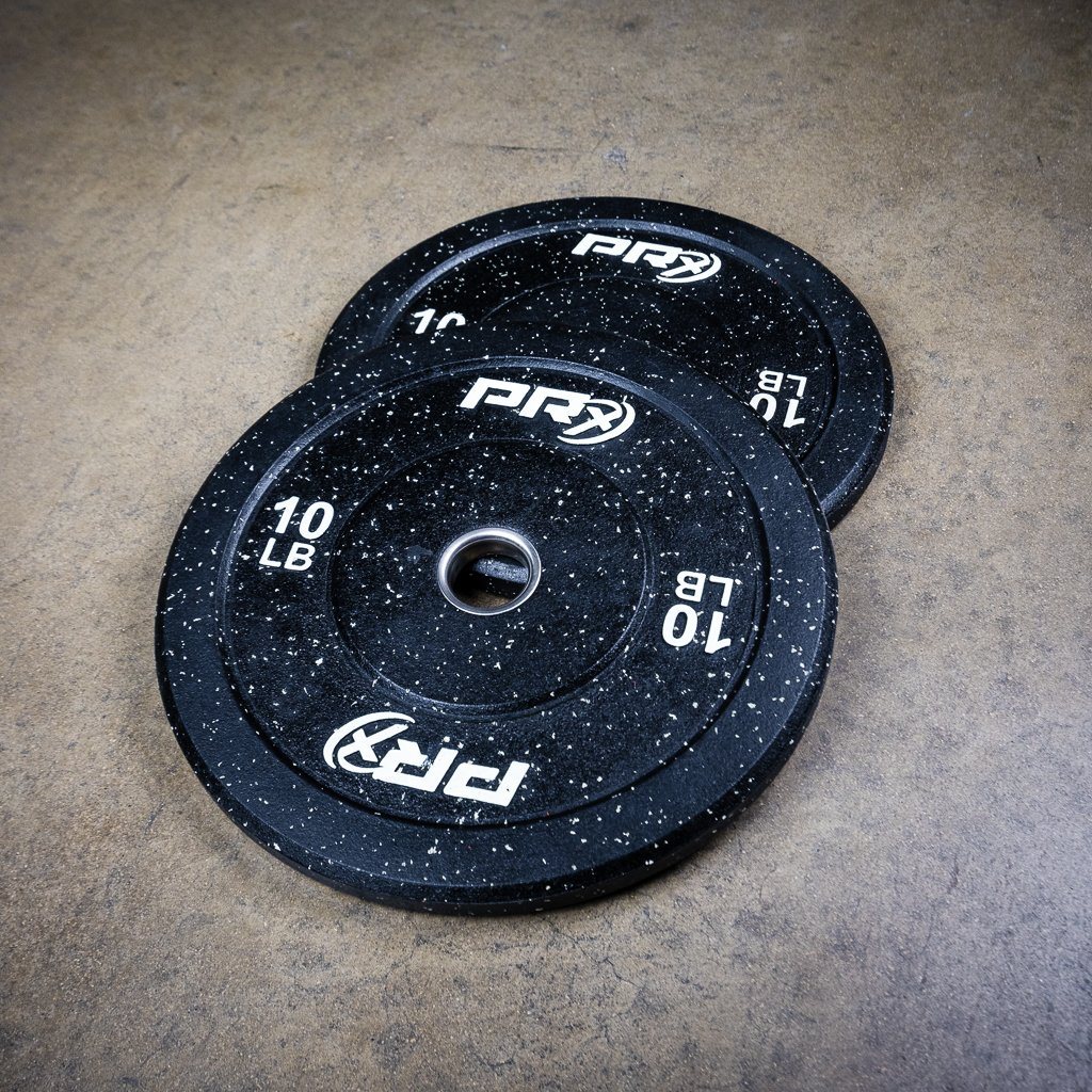 PRx Color Fleck Bumper Plates loaded on an Olympic barbell