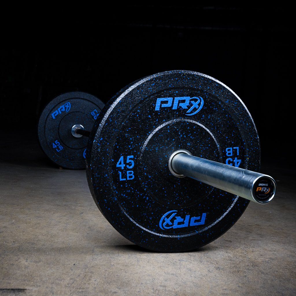 PRx Color Fleck Bumper Plates in a home gym setting
