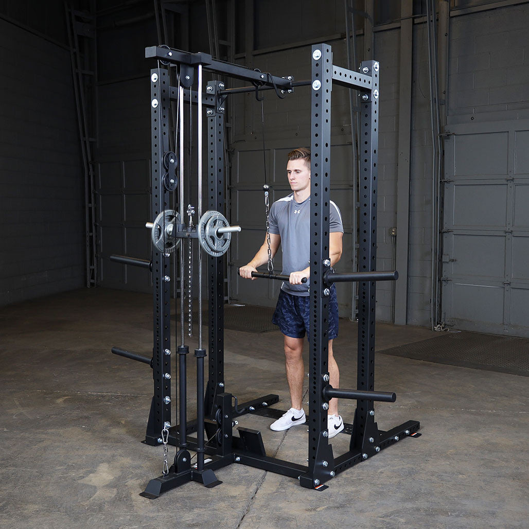 Body-Solid Pro ClubLine Half Rack Lat Attachment - installed on half rack