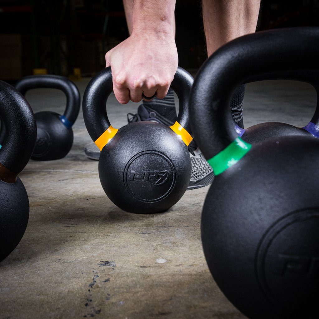 Close view of the colour coded handle on a PRx cast iron kettlebell