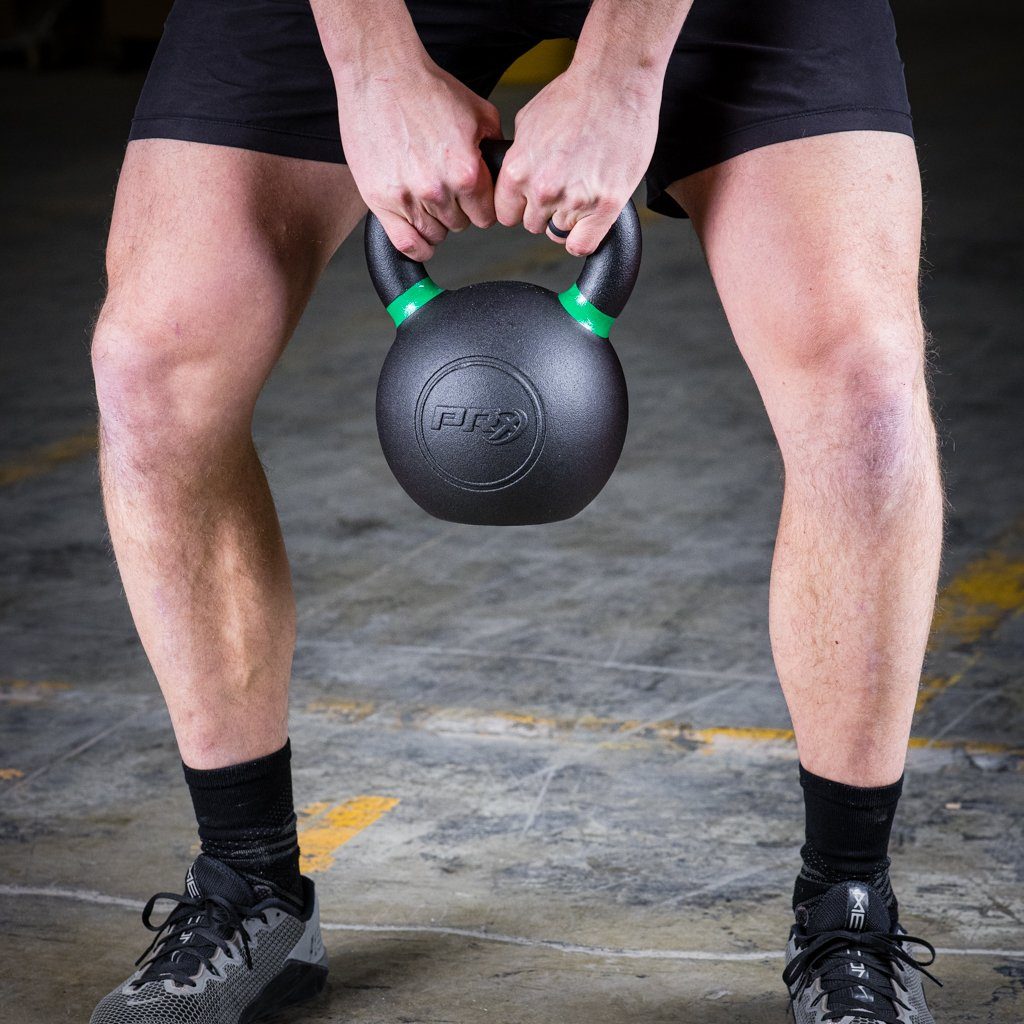 Black powder coat finish detail on a PRx cast iron kettlebell