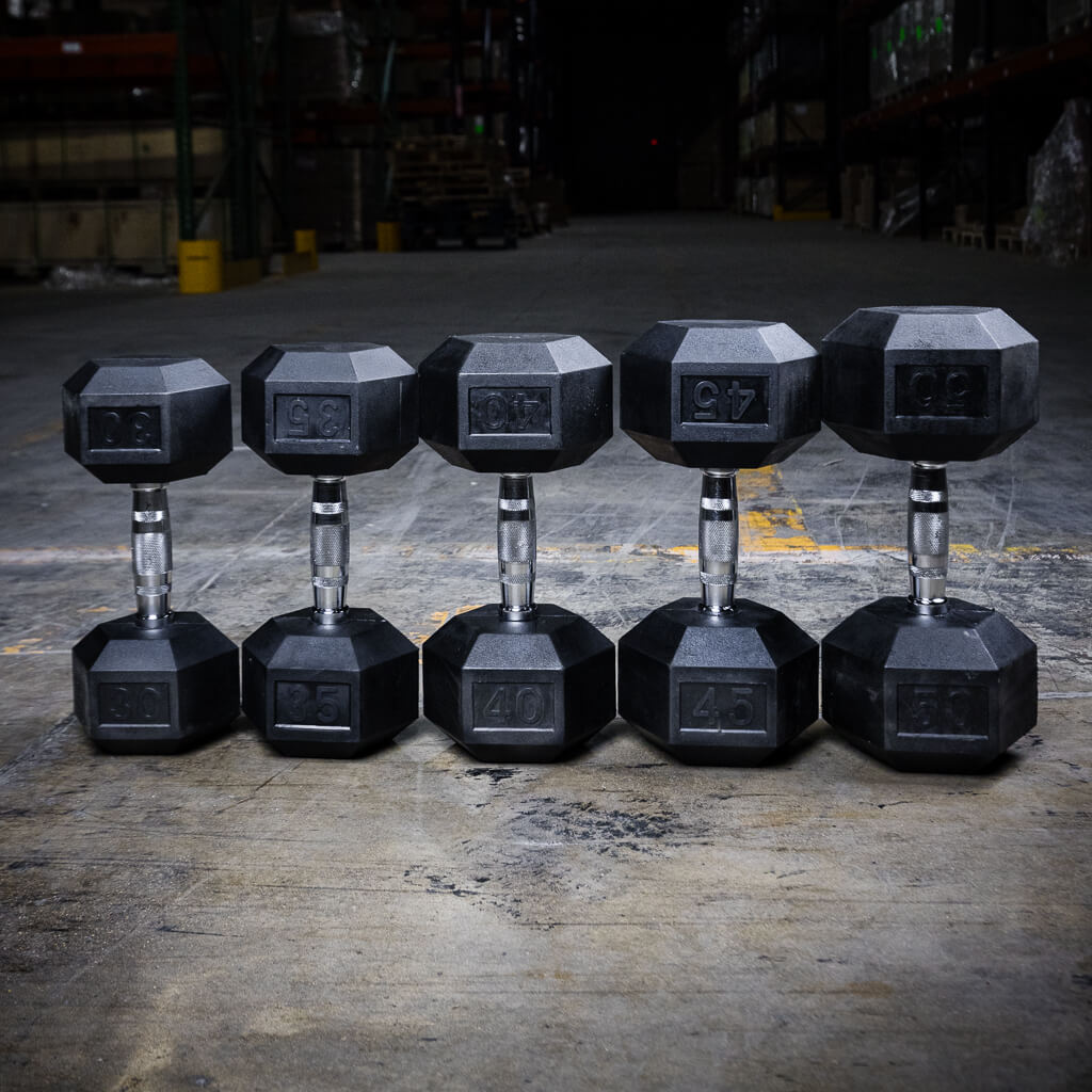 Single PRx rubber hex dumbbell showing the six sided head