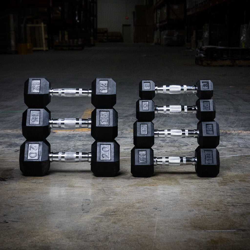 Close view of the chrome plated knurled handle on a PRx hex dumbbell