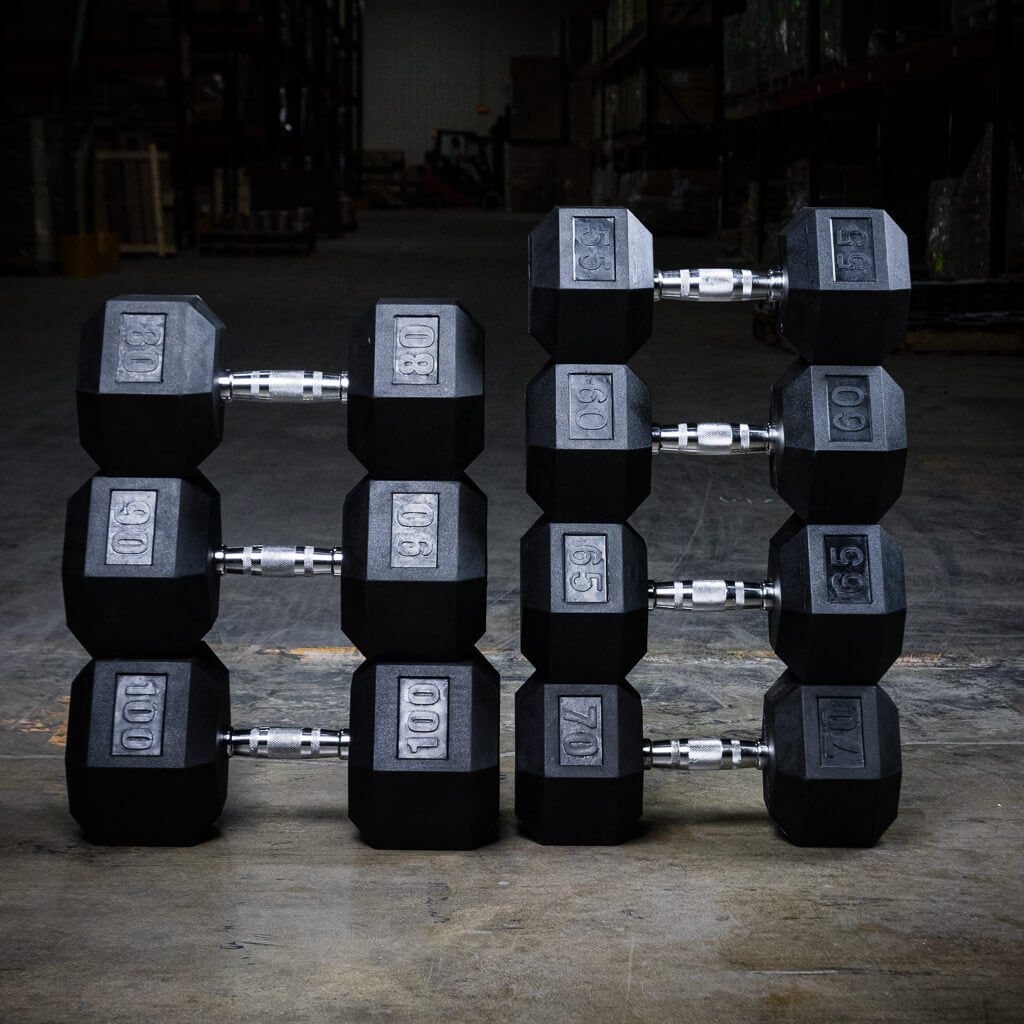 Set of PRx rubber hex dumbbells arranged by weight