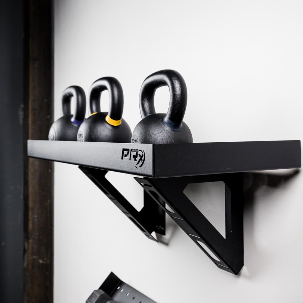 Close-up of the 12-gauge steel shelf lip on the PRx dumbbell storage
