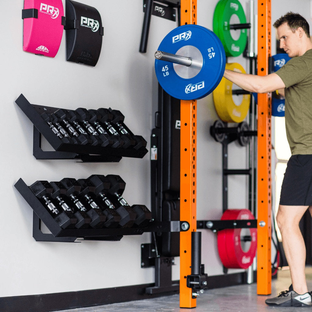 PRx dumbbell storage shelf mounted flat against the wall